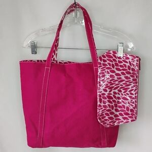 Women's Clinique Hot Pink Canvas Tote Bag + Cosmetic Bag Floral Petal Pattern